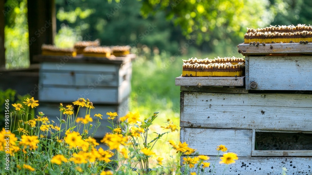 Beehives in Sunny Meadow with Blooming Flowers Beehives in Sunny Meadow with Blooming Flowers