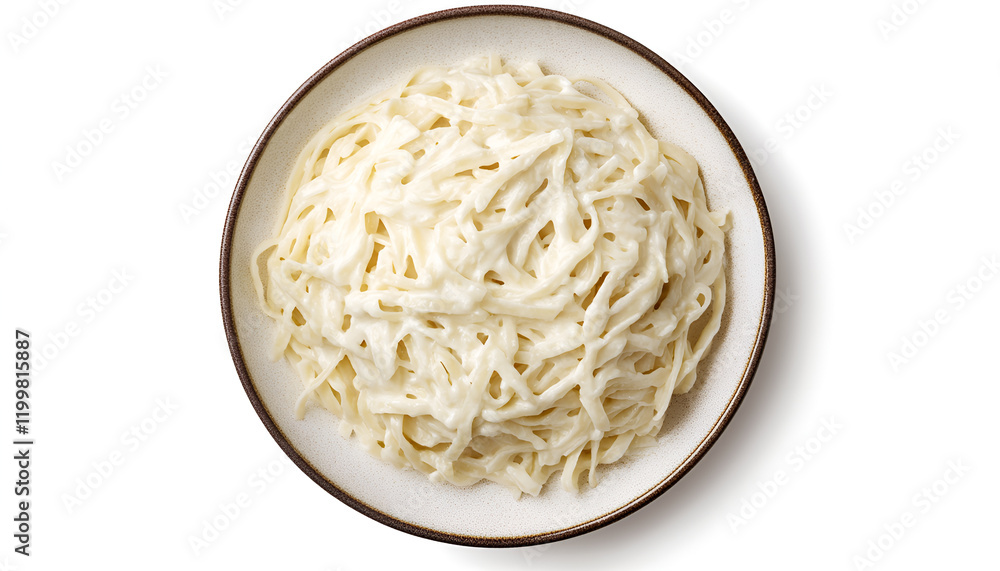 Top view of a plate of fettuccine alfredo with creamy sauce, isolated on white background Top view of a plate of fettuccine alfredo with creamy sauce, isolated on white background