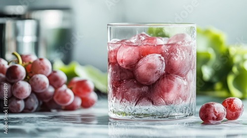 An enticing visual of a glass filled with grape juice and ice, complemented by a backdrop of fresh, plump grapes, highlighting natural freshness and gastronomic appeal. photo