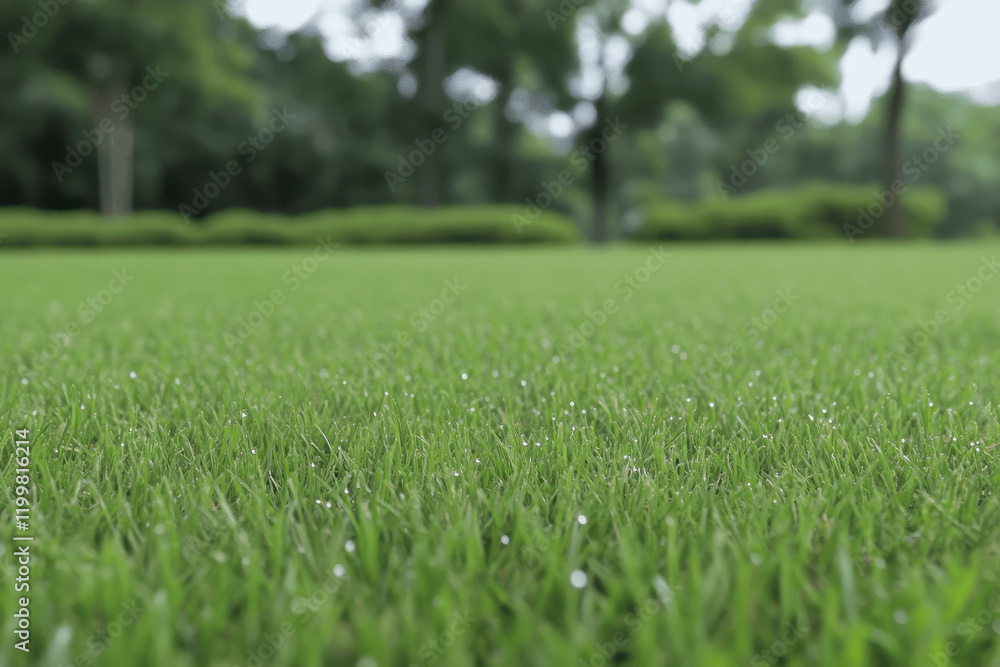 A lush green field with a few trees in the background A lush green field with a few trees in the background