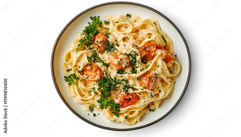 Top view of a plate of fettuccine alfredo with creamy sauce, isolated on white background Top view of a plate of fettuccine alfredo with creamy sauce, isolated on white background