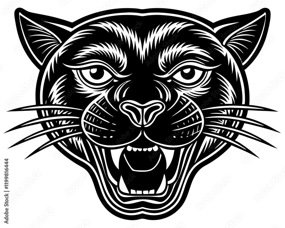 Fototapeta premium panther head tattoo, american Traditional old school style, bold outlines, white background. Fierce Panther Head Tattoo Design – Traditional Old-School Black Ink Illustration.