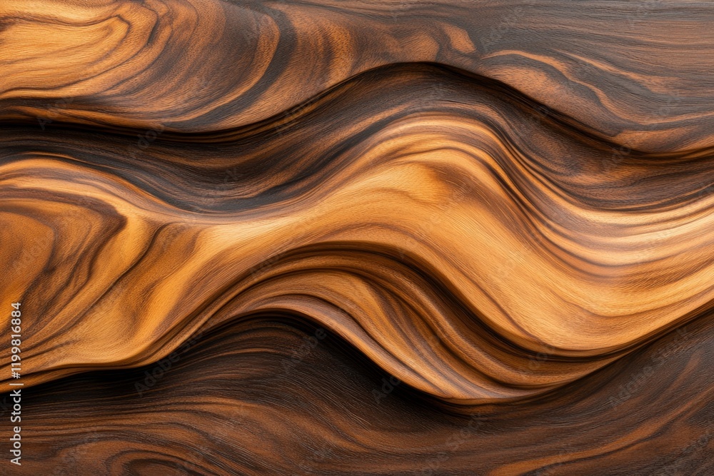 A glossy walnut wood texture with rich dark brown hues and wavy, interlocked grain patterns A glossy walnut wood texture with rich dark brown hues and wavy, interlocked grain patterns