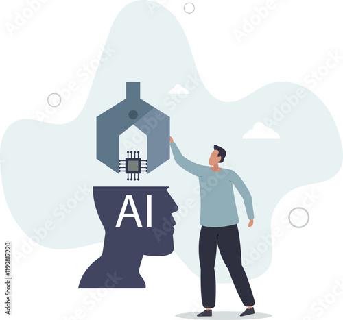 AI, Artificial Intelligence to think like human, machine learning technology to calculate and solve problem, robot and automation innovation concept.flat characters.