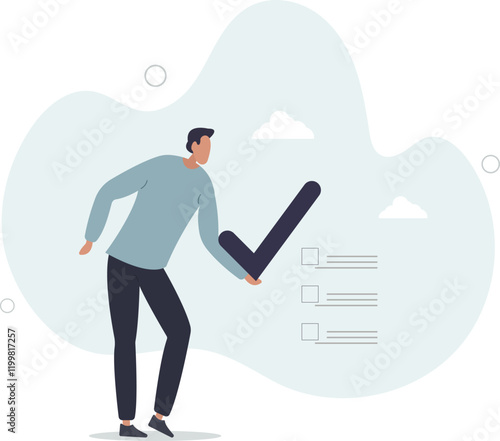 Checklist for completed tasks, project checkbox or achievement list and approval document concept.flat characters.