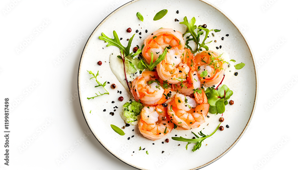 Top view, isolated on white background, of a plate of shrimp cocktail Top view, isolated on white background, of a plate of shrimp cocktail