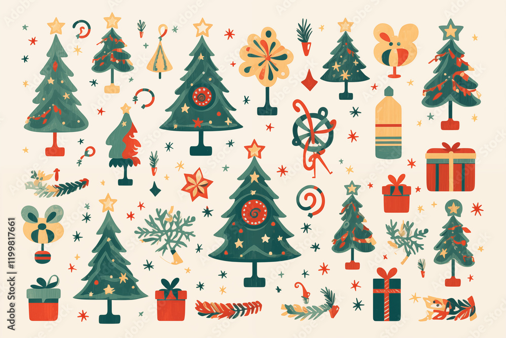 Obraz premium A vibrant Christmas vector flat cartoon illustration set showcasing an array of winter holiday decoration design elements