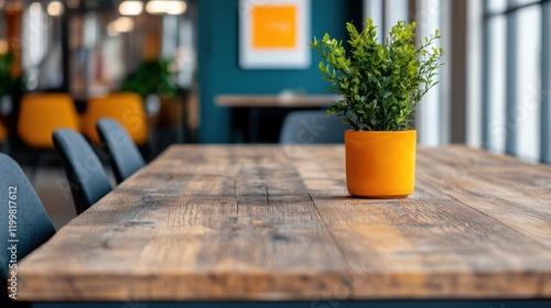 Fresh Green Plant in Bright Orange Pot on Rustic Wooden Table in Modern Office Interior