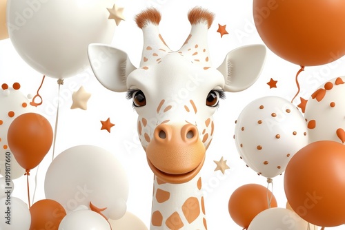 Giraffe with cheerful expression among colorful balloons and stars in a festive setting photo