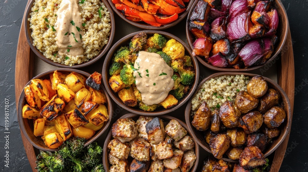 A top-down view of healthy Buddha bowls with quinoa, roasted vegetables, and tahini dressing A top-down view of healthy Buddha bowls with quinoa, roasted vegetables, and tahini dressing