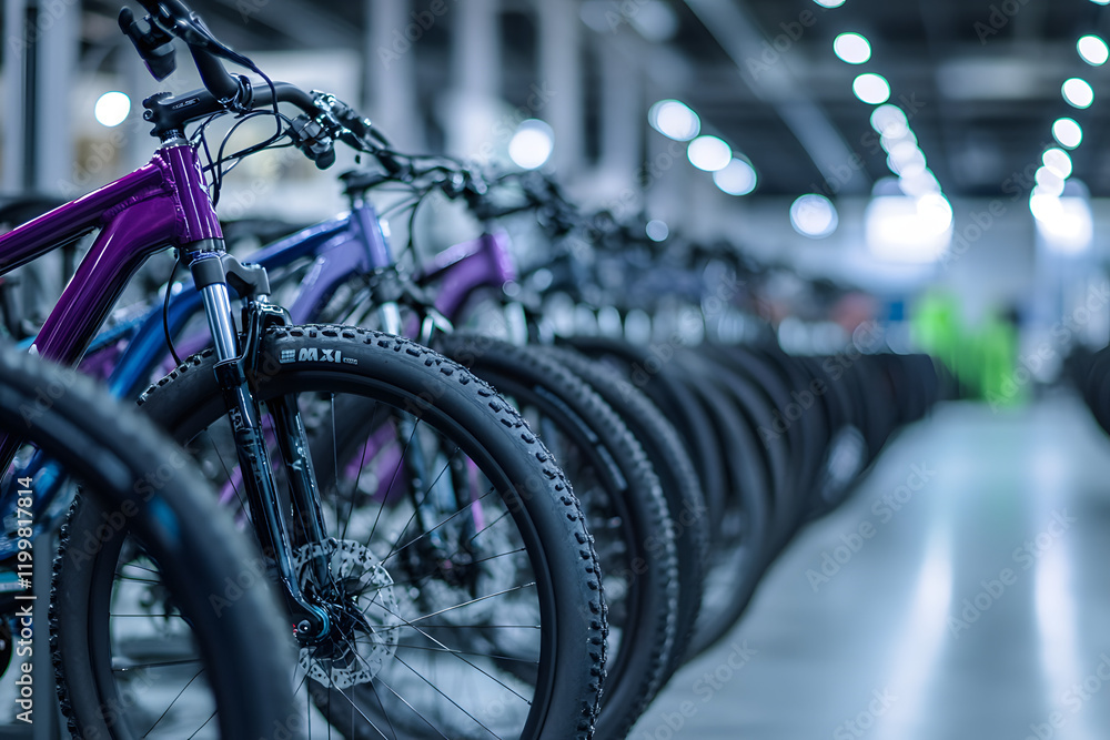 Fototapeta premium Many mountainbikes in a row, closup of bicycles