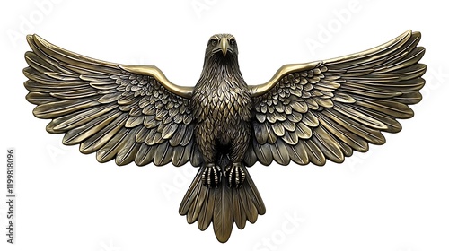 Bronze eagle sculpture with spread wings on white background, ideal for emblem design photo