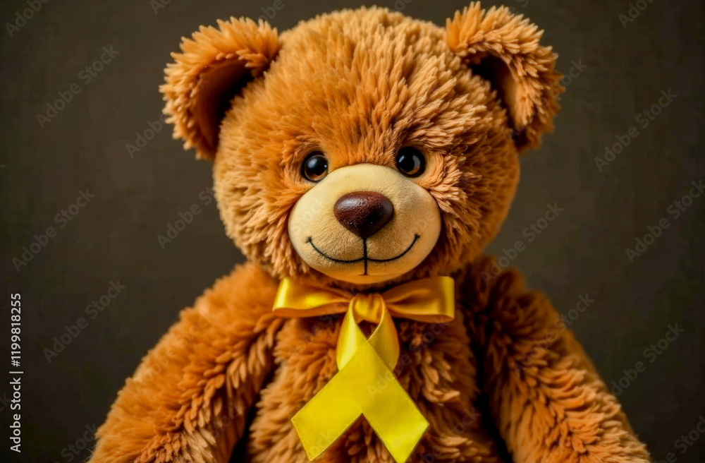 Obraz premium Teddy the brown bear toy with a yellow ribbon, a symbol of childhood cancer awareness