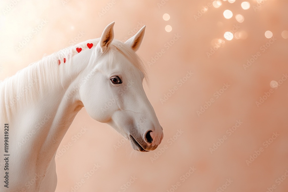 White horse with heart decorations against a soft pink background during a themed event for animals and lovers White horse with heart decorations against a soft pink background during a themed event for animals and lovers