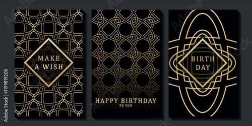 Set of luxury birthday cards on a black background. Modern gold and black design. Golden elegant geometric pattern, gold line on dark background. Premium design illustration for birthday party.