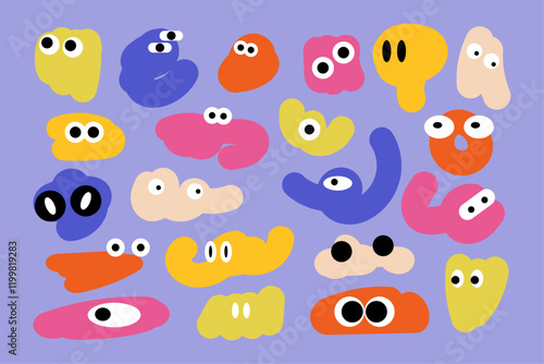Funny doodles with eyes. Childish vector shapes. Cartoon Elements Set.