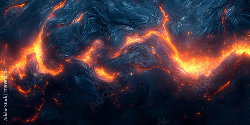 Flowing molten lava streaks glowing with fiery orange against dark volcanic rock. Dramatic and dynamic natural phenomenon for geological and abstract design concepts.