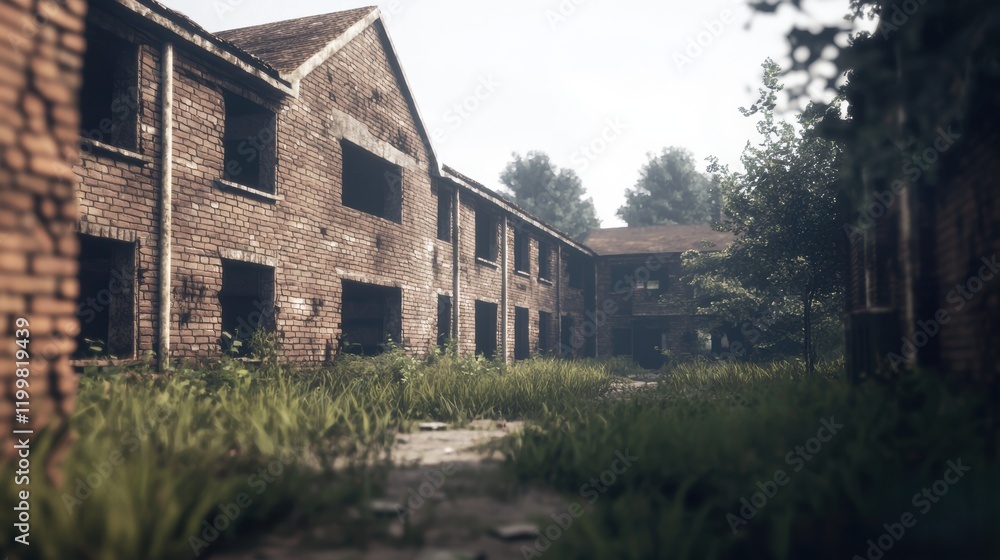 Abandoned Brick Buildings Surrounded by Overgrown Grass and Trees Abandoned Brick Buildings Surrounded by Overgrown Grass and Trees