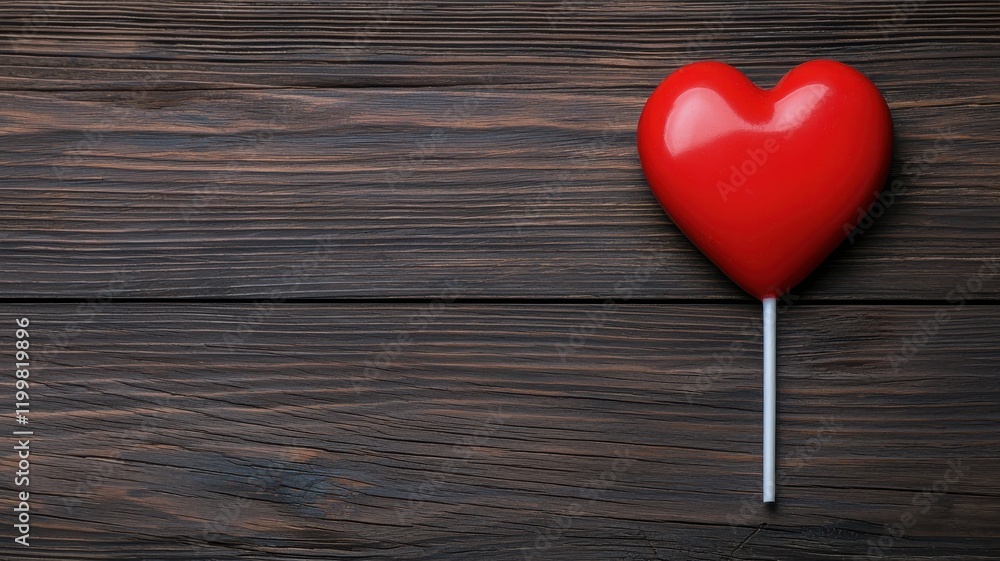 A vibrant red heart lollipop rests on a rustic wooden surface, symbolizing love and sweetness. A vibrant red heart lollipop rests on a rustic wooden surface, symbolizing love and sweetness.