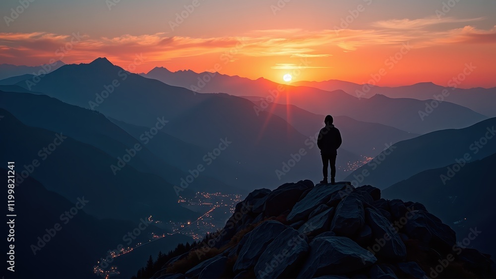 Silhouetted figure stands atop a mountain peak, turning their back to the horizon. A backpack rests on them as they gaze into the distance, poised at the mountain's brink, with vast wilderness below Silhouetted figure stands atop a mountain peak, turning their back to the horizon. A backpack rests on them as they gaze into the distance, poised at the mountain's brink, with vast wilderness below