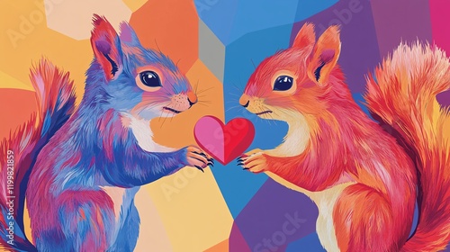 colorful painting of two squirrels holding a heart photo