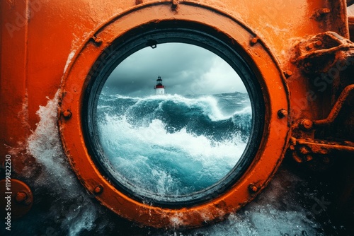 A lighthouse window with a circular frame, overlooking the vast, choppy ocean during a storm photo