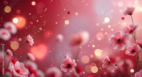 Romantic Dreamy Valentines Day Background with Soft Red and Pink Gradient Circular Floral Patterns and Gentle Bokeh Lights.
