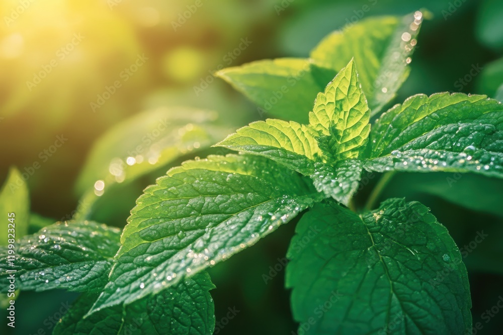 Fresh green leaves adorned with sparkling dewdrops reflect morning light Fresh green leaves adorned with sparkling dewdrops reflect morning light