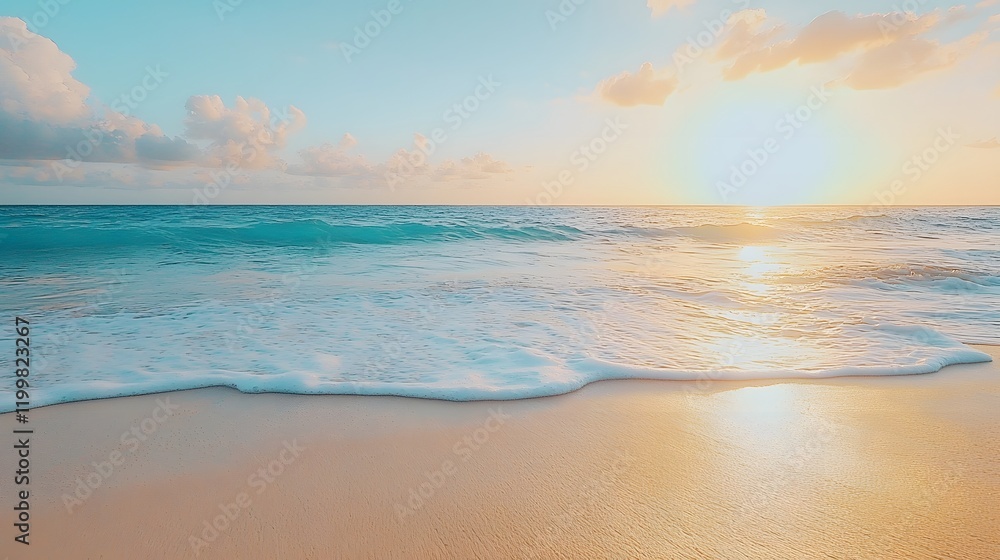 Serene Evening on a Golden Beach with Tranquil Blue Waves and Soft Lavender Sky Serene Evening on a Golden Beach with Tranquil Blue Waves and Soft Lavender Sky
