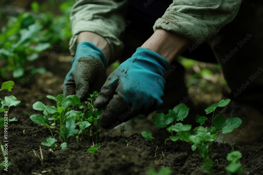 Farmer plants young seedlings in dark soil with great care Farmer plants young seedlings in dark soil with great care