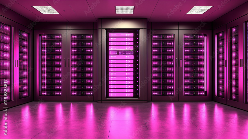 secure data vault with high tech servers illuminated in pink light, showcasing advanced technology and modern design. atmosphere conveys sense of security and innovation secure data vault with high tech servers illuminated in pink light, showcasing advanced technology and modern design. atmosphere conveys sense of security and innovation