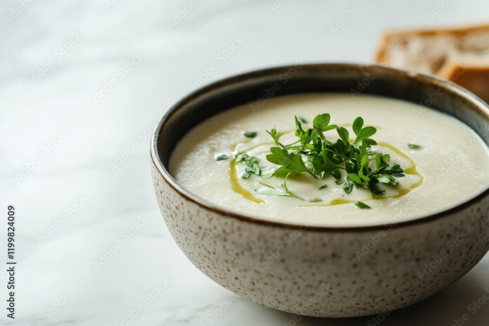 Delicious bowl of creamy soup topped with fresh herbs and bread Delicious bowl of creamy soup topped with fresh herbs and bread