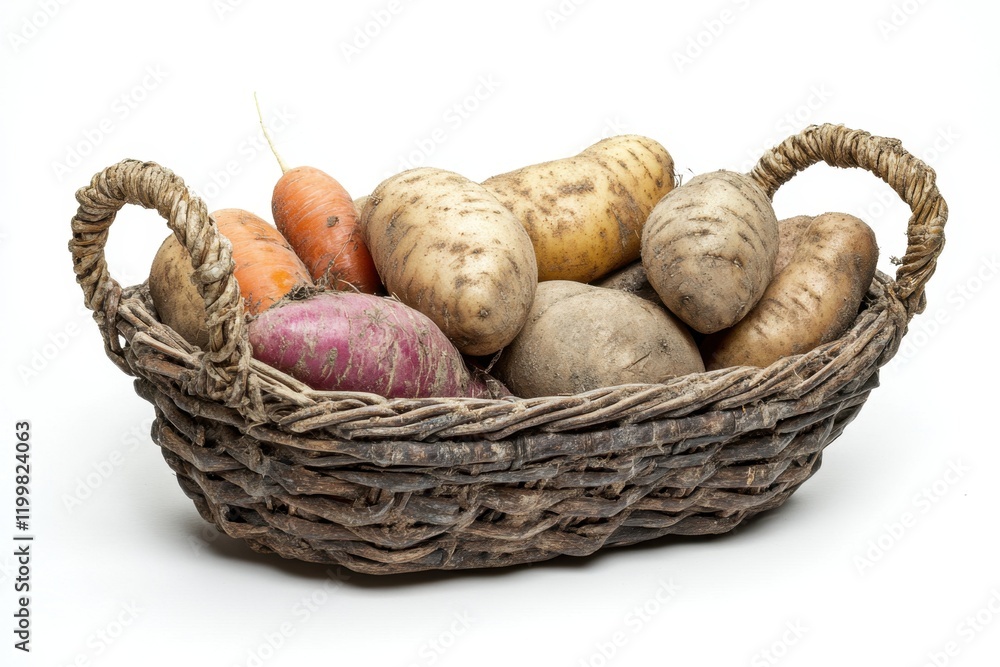 Close-up view of a woven basket containing various fresh root vegetables Close-up view of a woven basket containing various fresh root vegetables