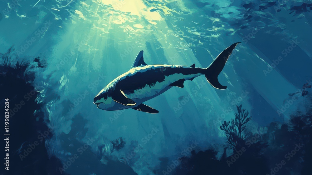 Fototapeta premium Majestic Shark Swims Beneath Ocean Sunlight