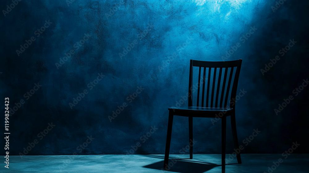 Black chair with dramatic shadows against dark blue textured wall Black chair with dramatic shadows against dark blue textured wall