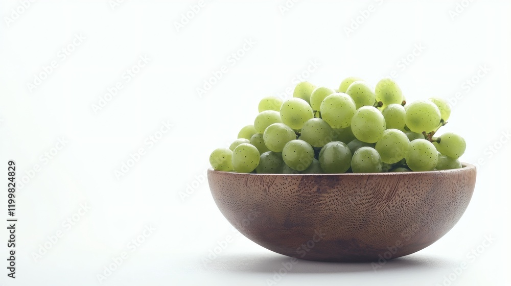 Isolated of green grapes clustered tightly together in a wooden bowl against a pure white background Stock Photo with side copy space Isolated of green grapes clustered tightly together in a wooden bowl against a pure white background Stock Photo with side copy space