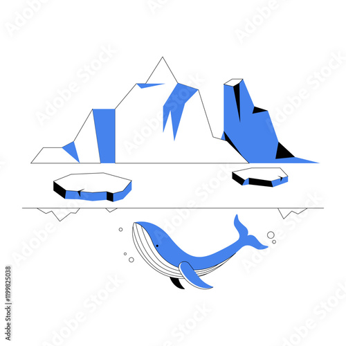 Whale Under Arctic Iceberg In Flat Vector Illustration Symbolizing Marine Life, Ocean Exploration, And Environmental Conservation, Isolated On White Background