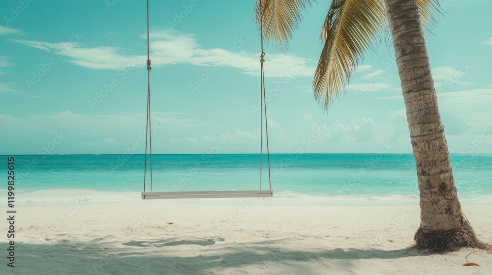 Empty swing hangs from palm by white sand beach with light turquoise sea & sky, for travel brochures Empty swing hangs from palm by white sand beach with light turquoise sea & sky, for travel brochures