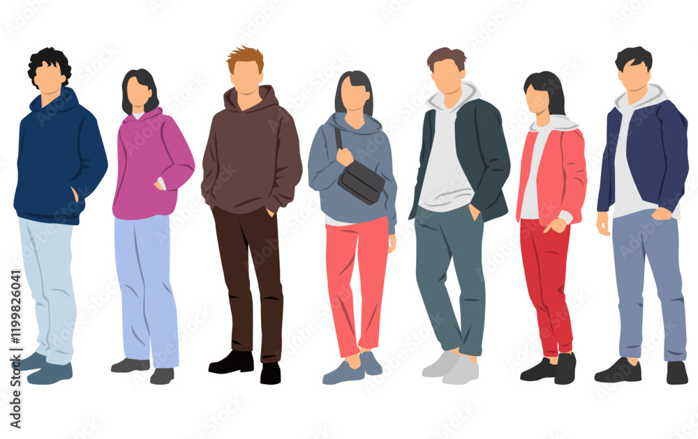 Set of men and women standing, profile, different colors, cartoon character, silhouettes people, fashion hoodie; design concept of flat icon, hand draw vector illustration, isolated on white