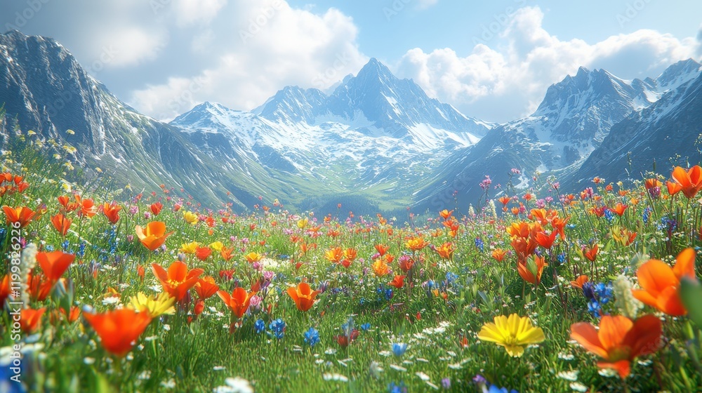 A vibrant meadow filled with colorful flowers, set against majestic snow-capped mountains. A vibrant meadow filled with colorful flowers, set against majestic snow-capped mountains.