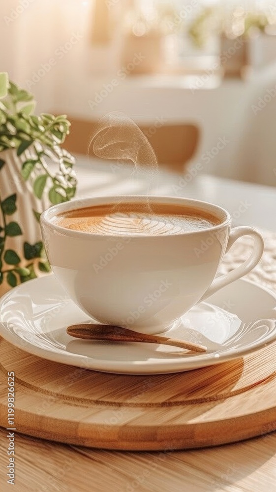 A white coffee cup with a spoon in it sits on a wooden table A white coffee cup with a spoon in it sits on a wooden table