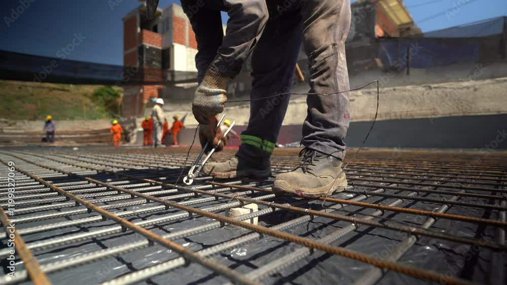Construction Worker Iron Detail in Action: Building Foundations on a Sunny Day Construction Worker Iron Detail in Action: Building Foundations on a Sunny Day