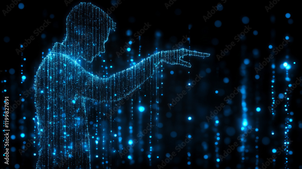 digital silhouette of person interacting with technology, surrounded by glowing blue particles, creates futuristic atmosphere digital silhouette of person interacting with technology, surrounded by glowing blue particles, creates futuristic atmosphere