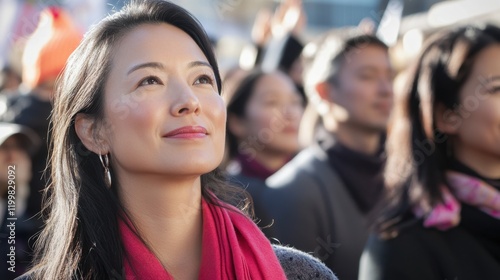 AAPI Women's Equal Pay Day Asian female adult smiling outdoors with crowd in background photo