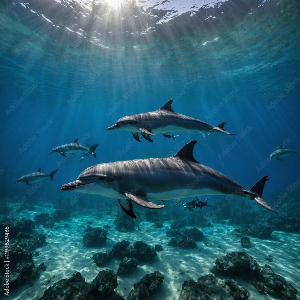 Fototapeta premium A vibrant underwater scene with dolphins playfully swimming.