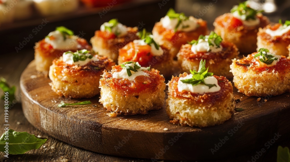 Crispy tomato and cheese bites topped with fresh herbs on wooden board Crispy tomato and cheese bites topped with fresh herbs on wooden board