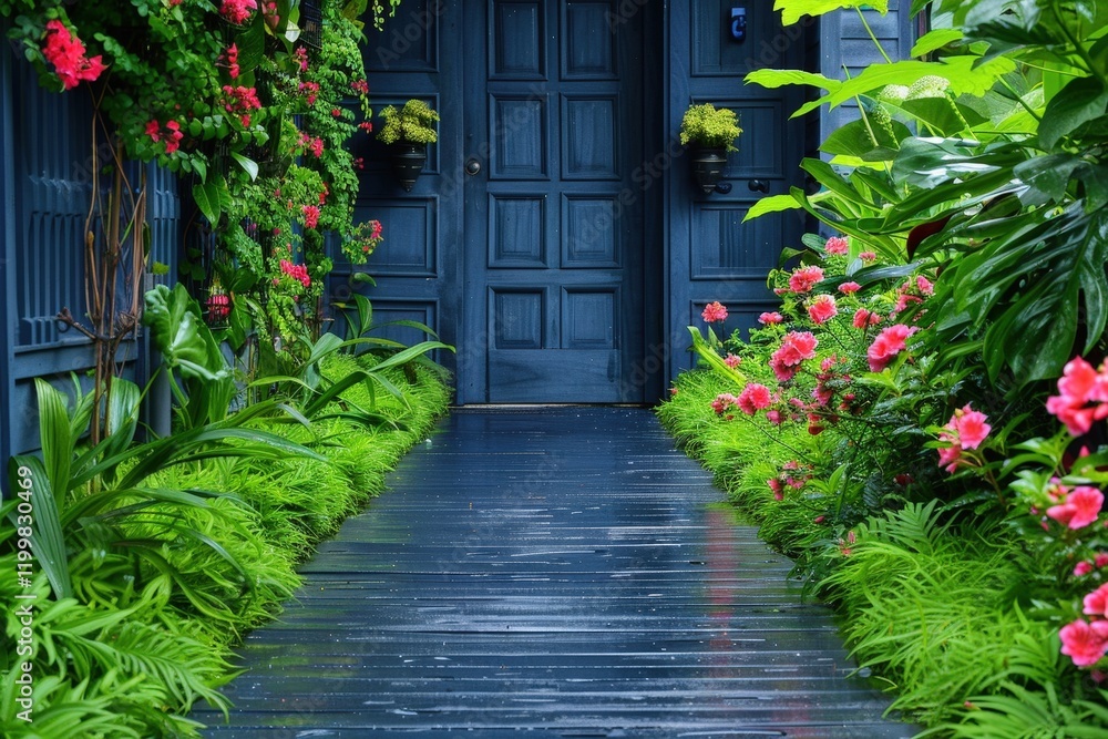 Fototapeta premium A blue door with a red trim sits in front of a lush green garden