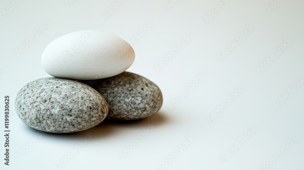 Tranquil Composition of Stone and Egg on White Background Tranquil Composition of Stone and Egg on White Background