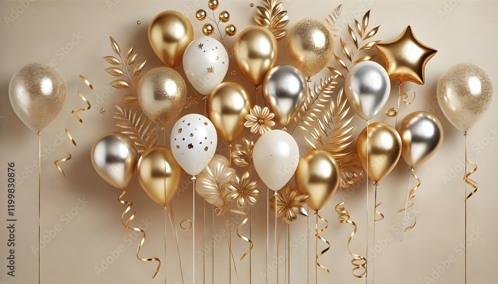 Obraz premium Festive and elegant layout with a collection of gold, silver, and white balloons clustered at the top