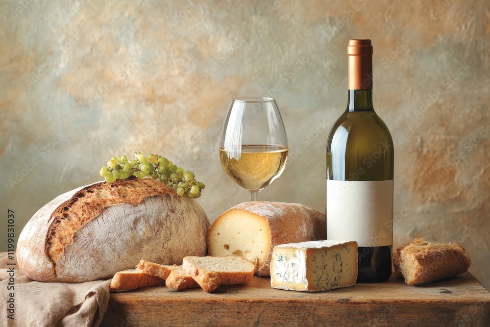Naklejka premium A rustic scene featuring a bottle of wine, a loaf of fresh bread, and a block of cheese on a wooden picnic table